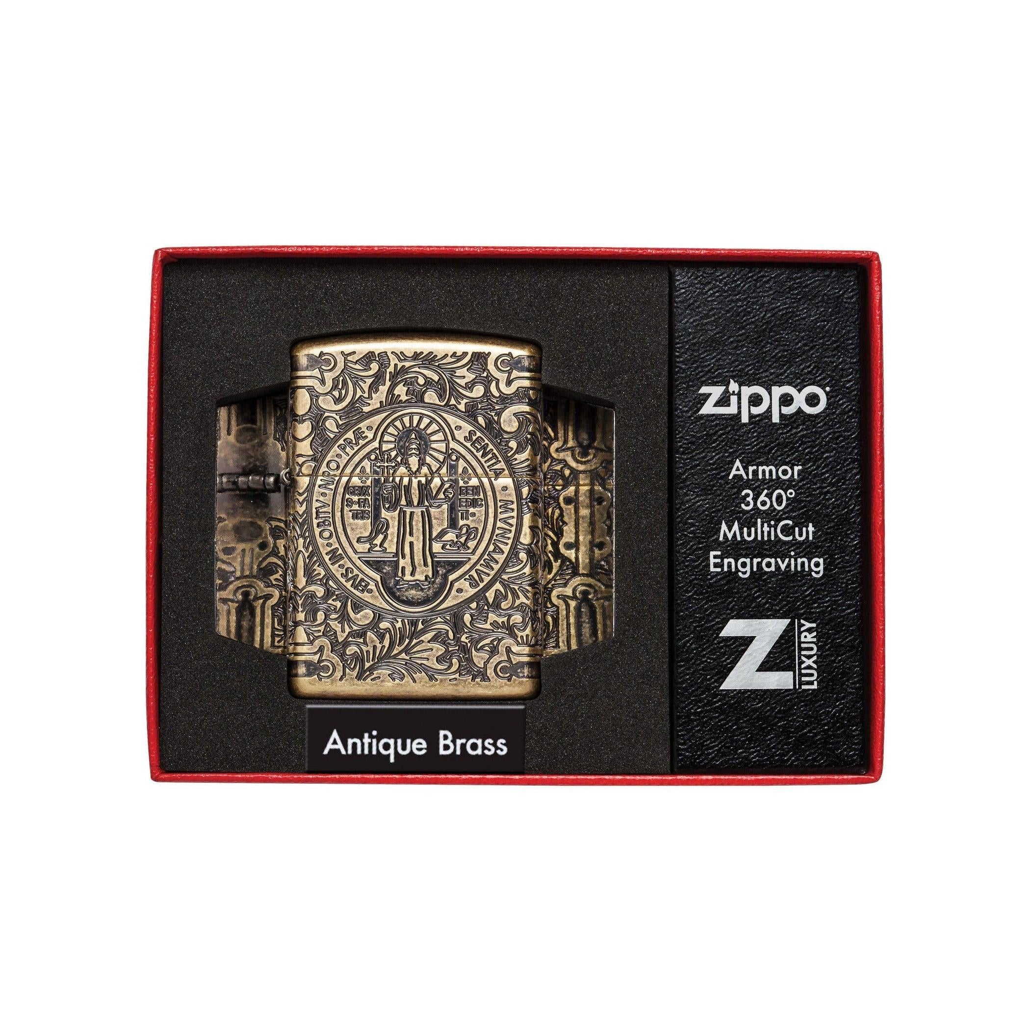 Zippo Lighter: Armor Multicut St. Benedict Medal - Antique Brass 29719 - Image 5