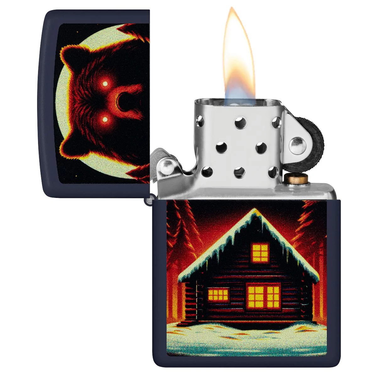 Zippo Lighter: Bear and Cabin in Winter - Navy Matte 46613 - Image 3
