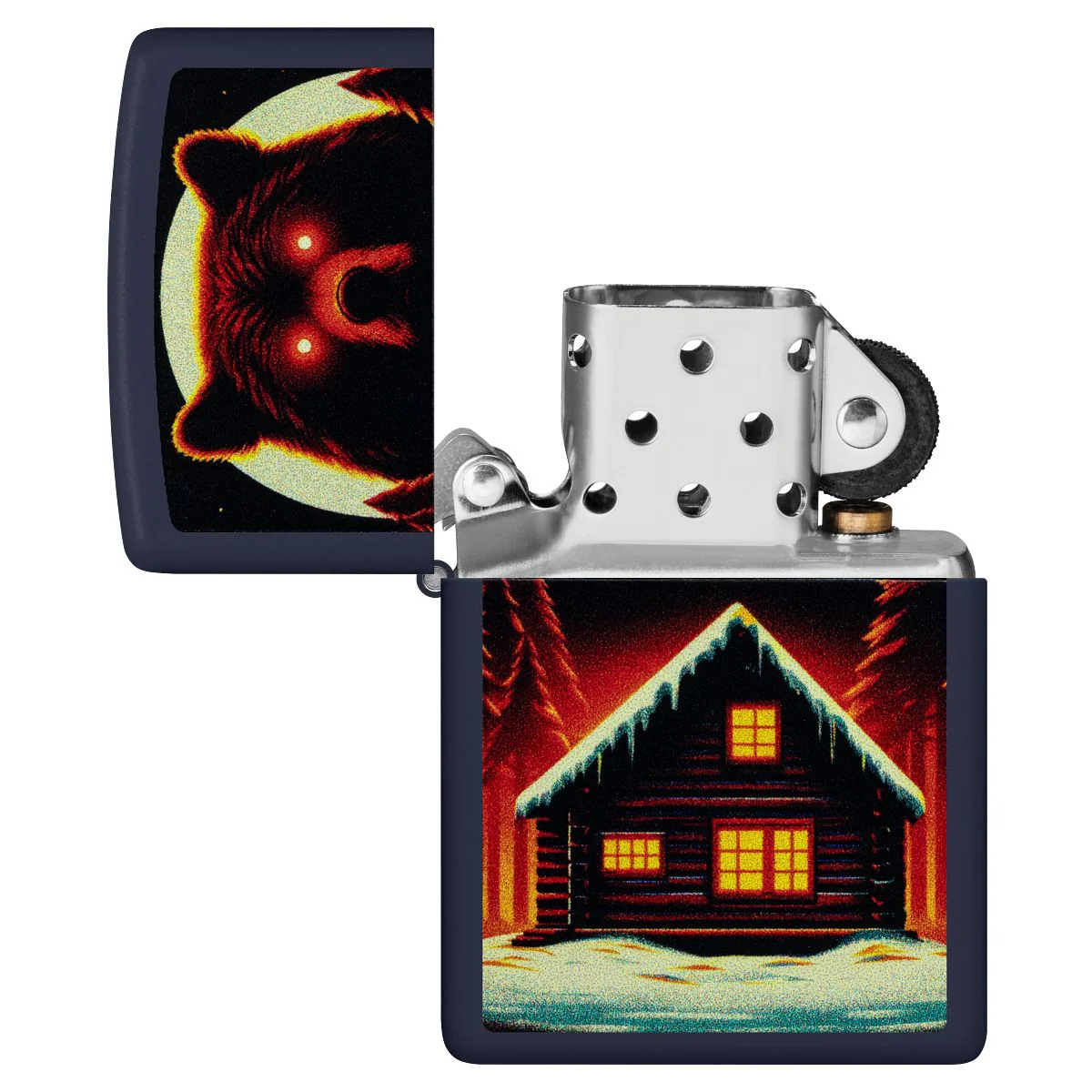 Zippo Lighter: Bear and Cabin in Winter - Navy Matte 46613 - Image 4