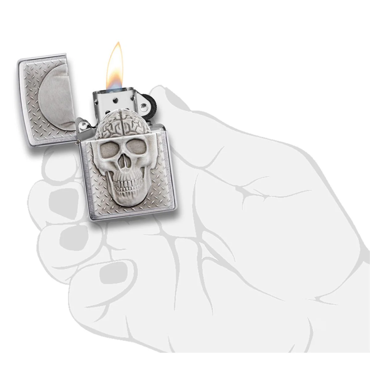 Zippo Lighter: Skull with Brain Surprise Emblem - Brushed Chrome 29818 - Image 5