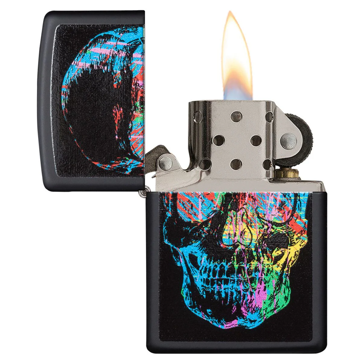 Zippo Lighter: Skull with Colorful Abstract Paint - Black Matte - Image 3