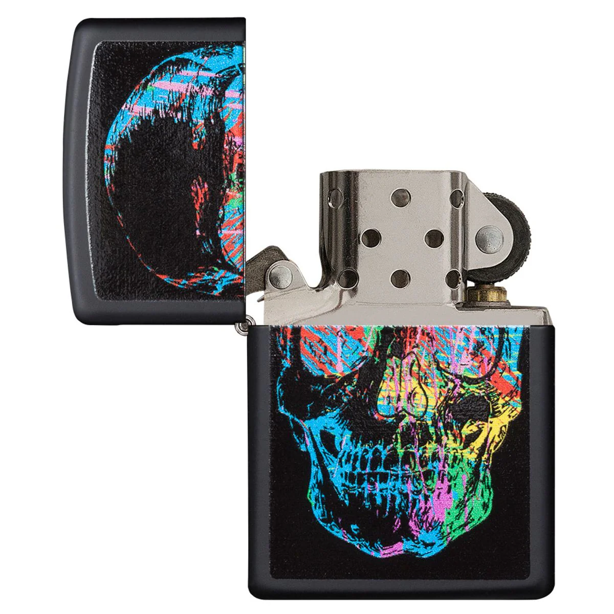 Zippo Lighter: Skull with Colorful Abstract Paint - Black Matte - Image 4