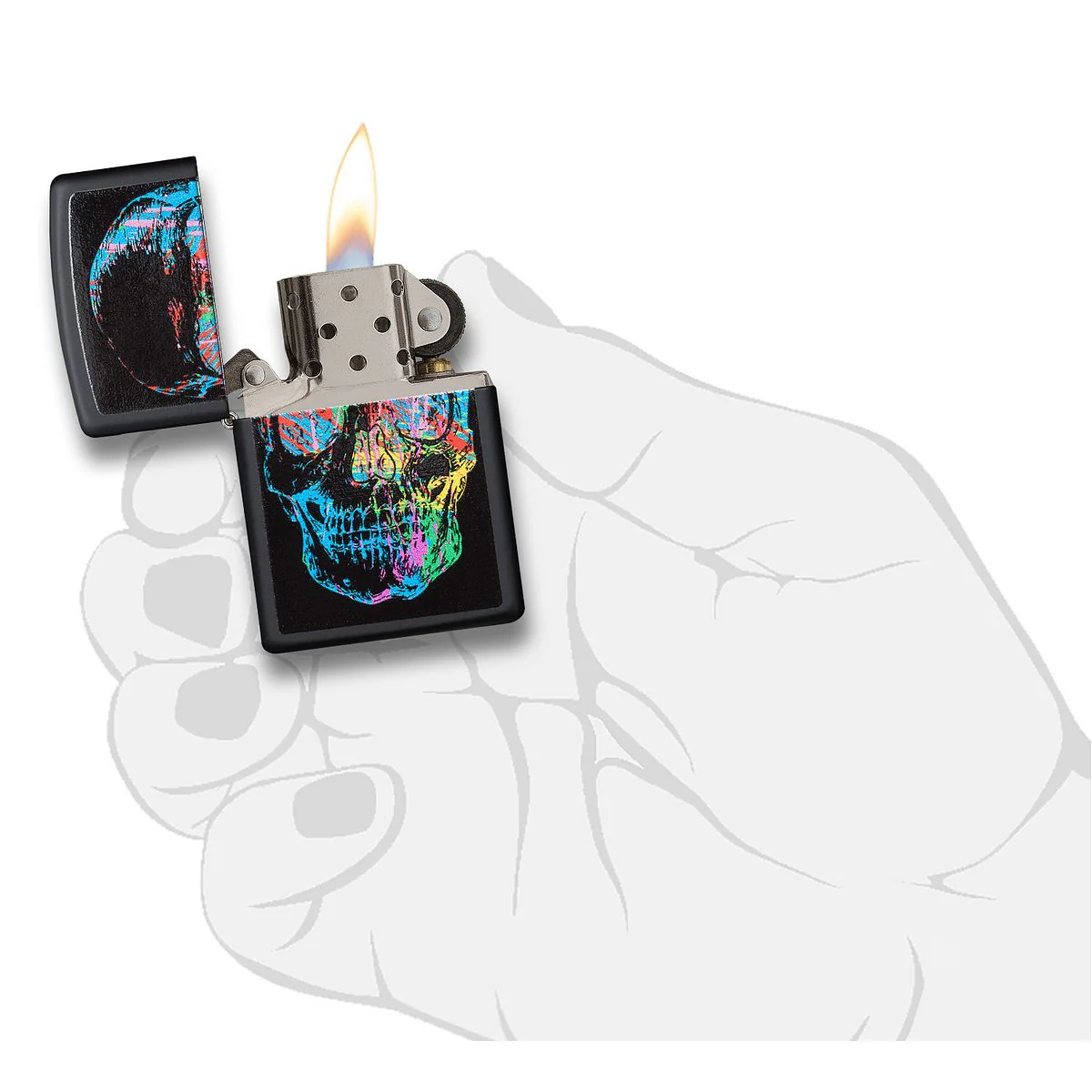 Zippo Lighter: Skull with Colorful Abstract Paint - Black Matte - Image 5