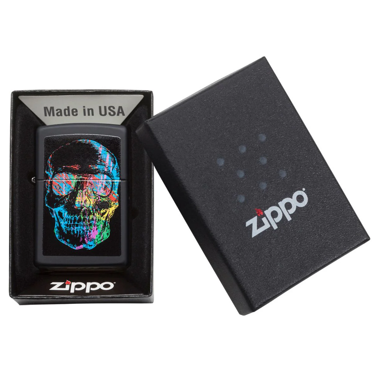 Zippo Lighter: Skull with Colorful Abstract Paint - Black Matte - Image 6